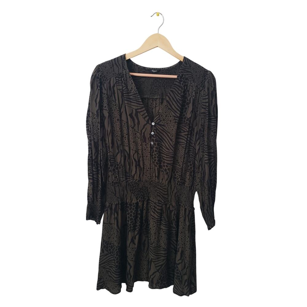 Rails Zana Animal Print Smocked Waist Mini Dress Olive Green Size Large